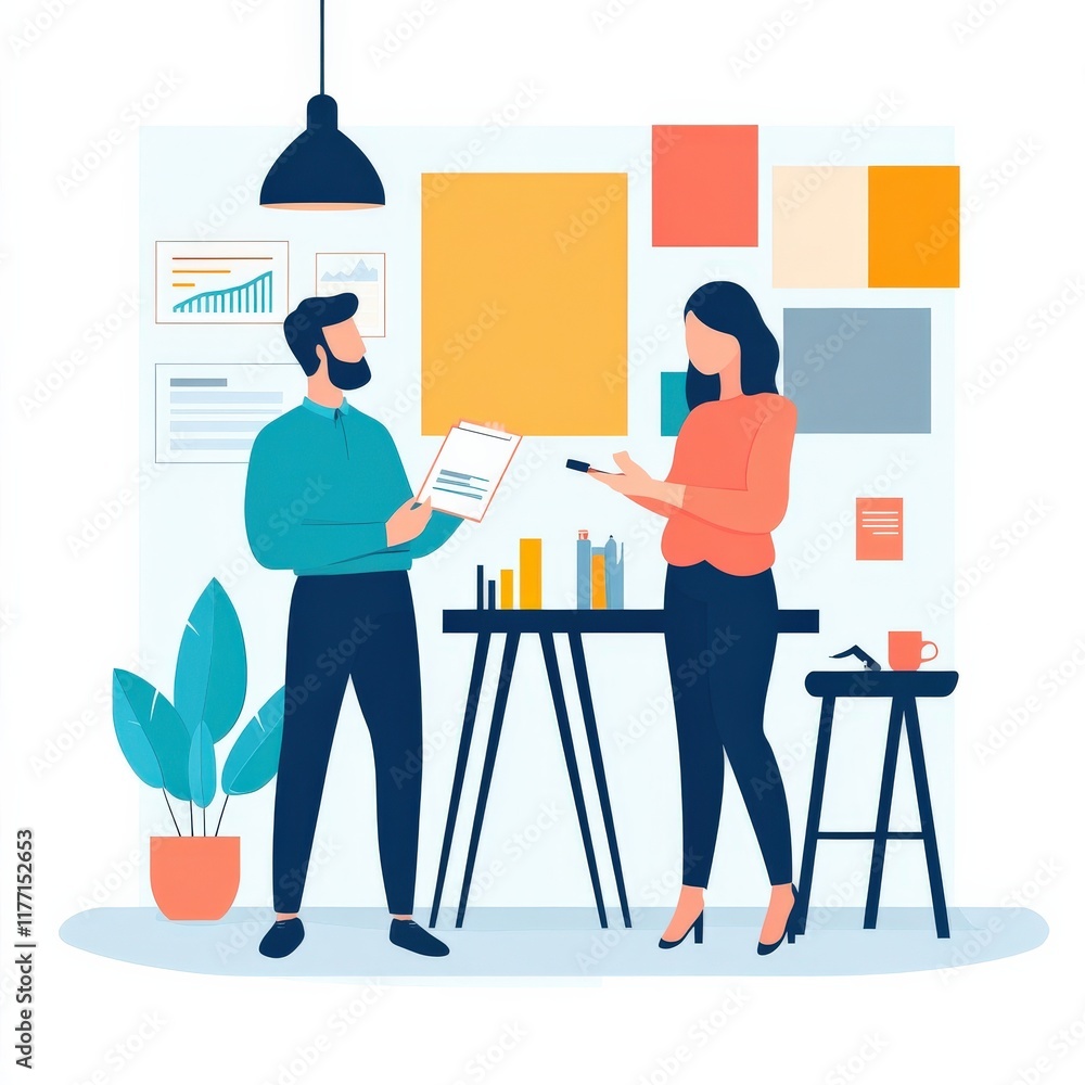 Poster collaboration in a modern office environment: two professionals engaging in creative discussion over
