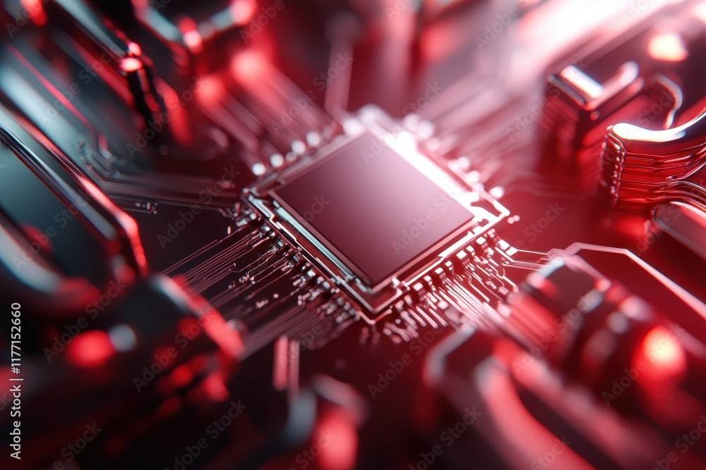 Aufkleber an abstract and intricate close-up of a red microprocessor circuit, showcasing the beauty of technol