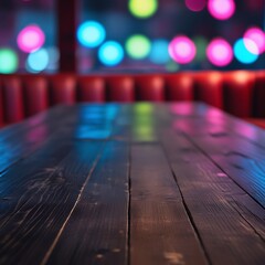 Moody Wooden Table with Neon Bokeh Background