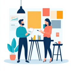 Collaboration in a Modern Office Environment: Two Professionals Engaging in Creative Discussion Over Project Plans and Ideas with Colorful Visuals and Synced Workstation Setup