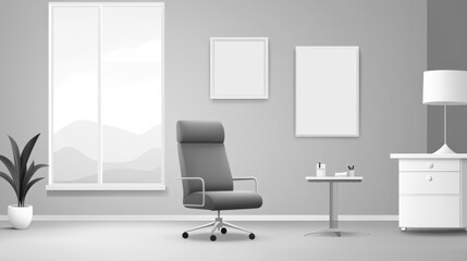 Modern Minimalist Office Interior with Gray Chair, Clean Workspace, Decorative Plant, Bright Window, and Stylish Furniture for Productive Home Office Environment