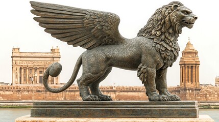 Winged lion statue, waterfront, ancient buildings, travel brochure.