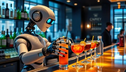 Futuristic Bartending: A Robot Mixologist Crafts Cocktails in a Modern Bar