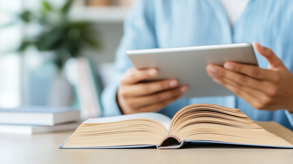 Reading book and using tablet, showcasing modern learning methods. scene captures person engaged in study, blending traditional and digital resources