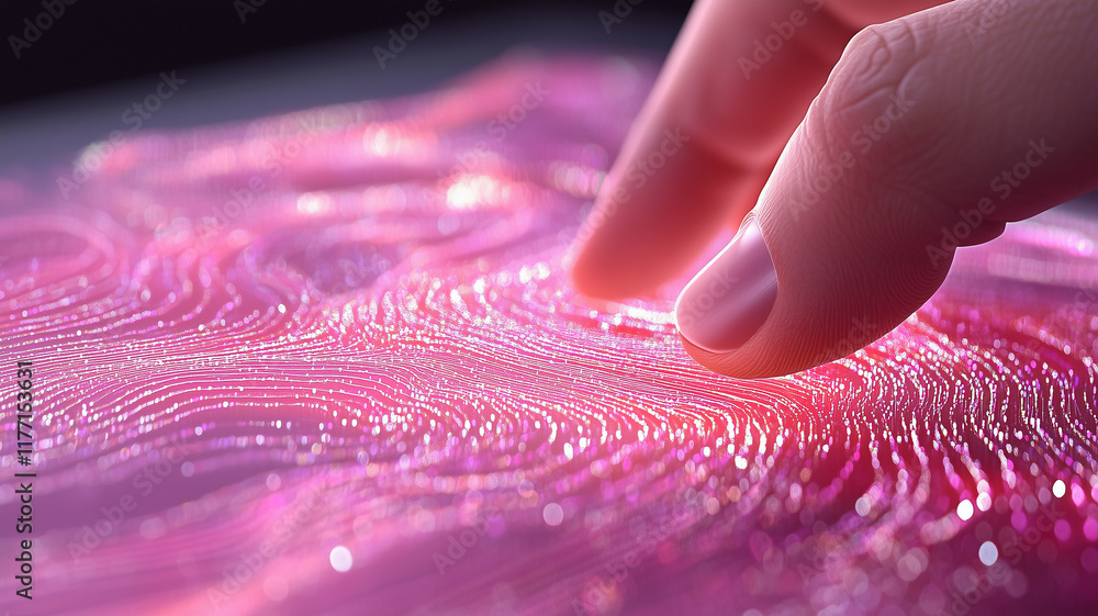 Poster close up of human finger gently touching vibrant, glowing surface with intricate patterns. scene con