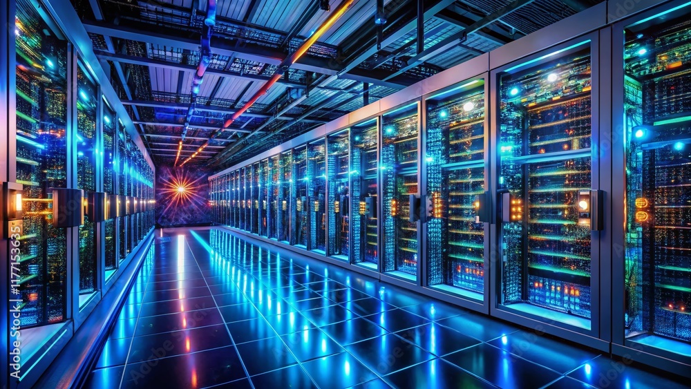 Poster aerial drone shot of a secure data center with complex password access