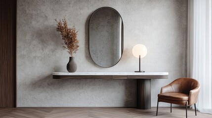 Modern minimalist interior with console table, mirror, chair, and lamp.