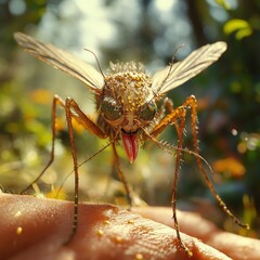 A detailed macro shot of a mosquito feeding on human skin, representing disease transmission and environmental awareness, suitable for educational and scientific use.