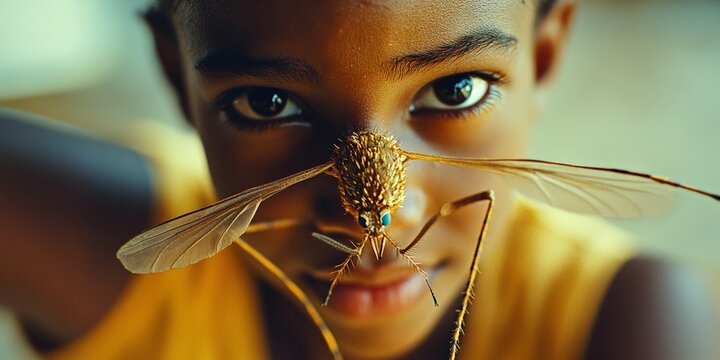 A detailed macro shot of a mosquito feeding on human skin, representing disease transmission and environmental awareness, suitable for educational and scientific use.
