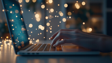 person typing on laptop with glowing bokeh lights in background, creating warm and inviting atmosphere. scene conveys sense of creativity and focus