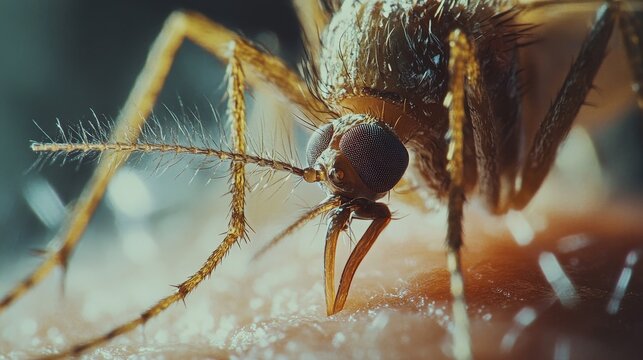 A detailed macro shot of a mosquito feeding on human skin, representing disease transmission and environmental awareness, suitable for educational and scientific use.