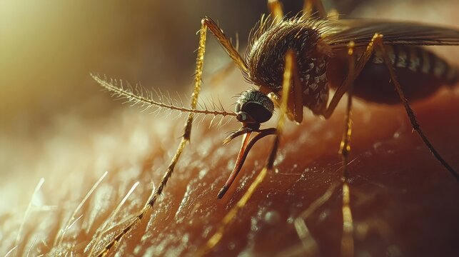 A detailed macro shot of a mosquito feeding on human skin, representing disease transmission and environmental awareness, suitable for educational and scientific use.