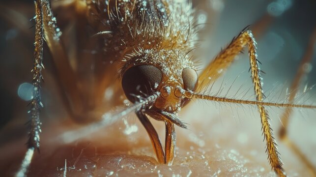 A detailed macro shot of a mosquito feeding on human skin, representing disease transmission and environmental awareness, suitable for educational and scientific use.
