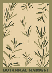 Vector art illustration. Colorful herbs pattern, showcasing a botanical harvest concept. Modern groovy art for for postcards, wall art, banner, background.