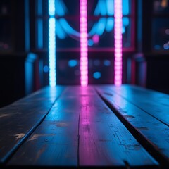  Moody Wooden Table with Neon Bokeh Background