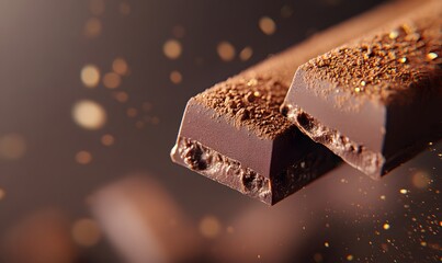 a luxurious chocolate bar breaking apart in the middle to reveal its creamy, Generative AI