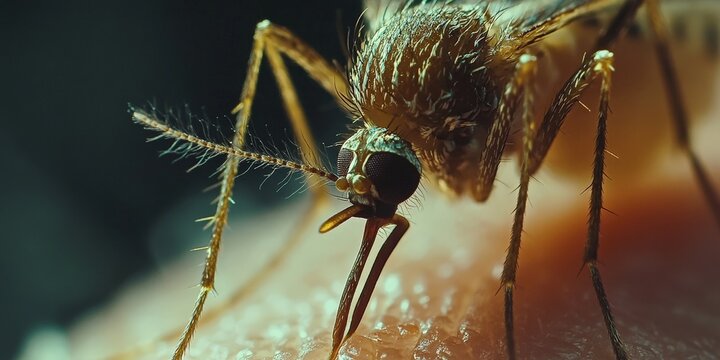 A detailed macro shot of a mosquito feeding on human skin, representing disease transmission and environmental awareness, suitable for educational and scientific use.