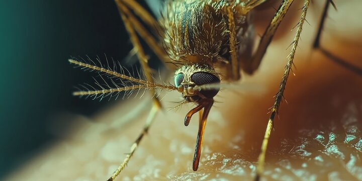 A detailed macro shot of a mosquito feeding on human skin, representing disease transmission and environmental awareness, suitable for educational and scientific use.