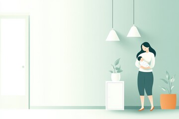 Serene Illustration of a Mother Embracing Her Baby in a Bright, Minimalist Home Interior with Green Plants and Soft Lighting