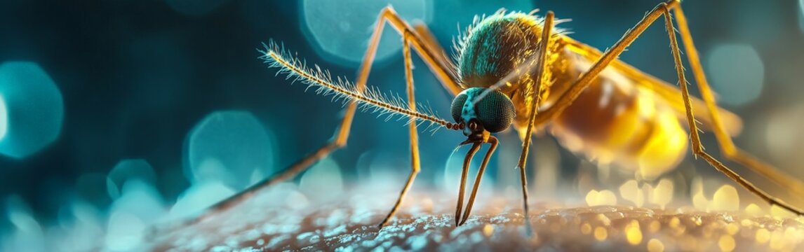 A detailed macro shot of a mosquito feeding on human skin, representing disease transmission and environmental awareness, suitable for educational and scientific use.