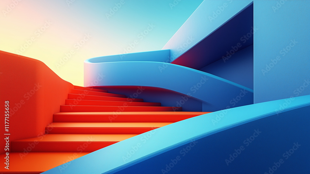 Poster vibrant abstract scene featuring colorful stairs in red and blue, with smooth curves and geometric s