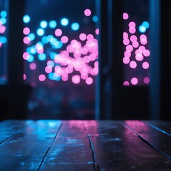  Moody Wooden Table with Neon Bokeh Background