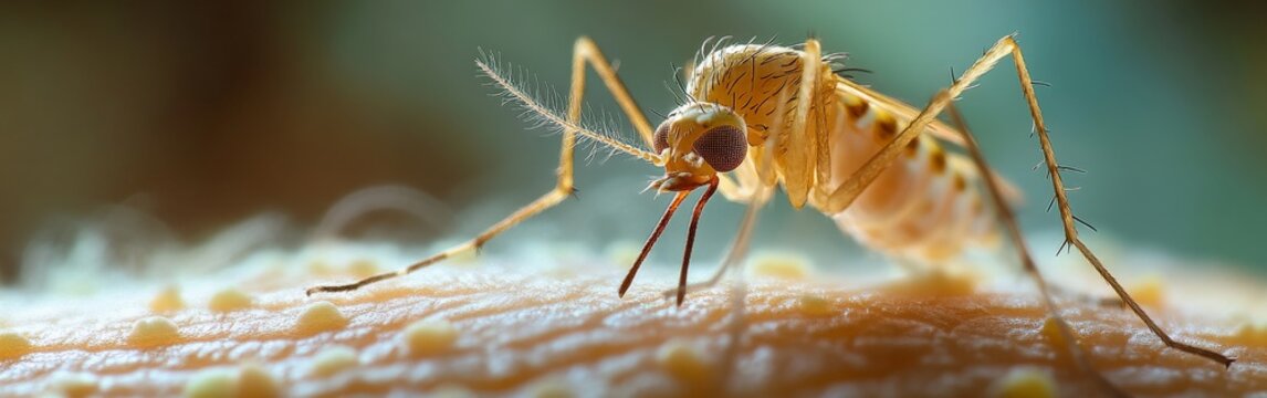 A detailed macro shot of a mosquito feeding on human skin, representing disease transmission and environmental awareness, suitable for educational and scientific use.