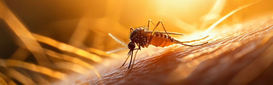 A detailed macro shot of a mosquito feeding on human skin, representing disease transmission and environmental awareness, suitable for educational and scientific use.