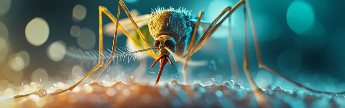 A detailed macro shot of a mosquito feeding on human skin, representing disease transmission and environmental awareness, suitable for educational and scientific use.