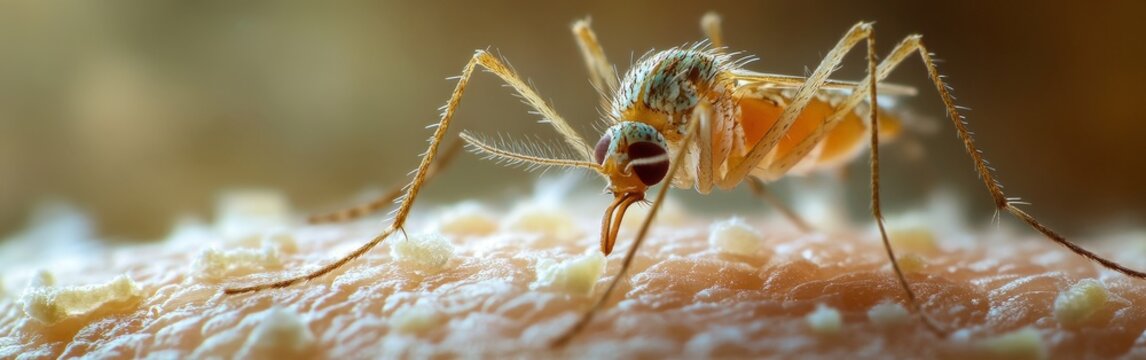 A detailed macro shot of a mosquito feeding on human skin, representing disease transmission and environmental awareness, suitable for educational and scientific use.
