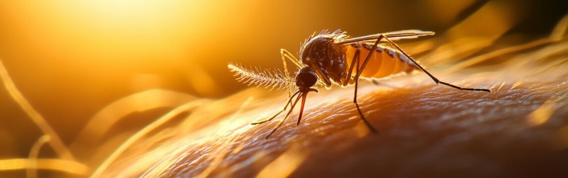 A detailed macro shot of a mosquito feeding on human skin, representing disease transmission and environmental awareness, suitable for educational and scientific use.