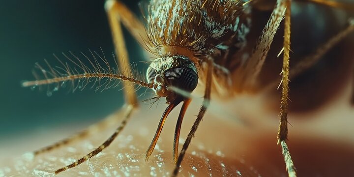 A detailed macro shot of a mosquito feeding on human skin, representing disease transmission and environmental awareness, suitable for educational and scientific use.