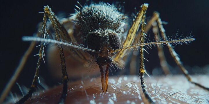 A detailed macro shot of a mosquito feeding on human skin, representing disease transmission and environmental awareness, suitable for educational and scientific use.