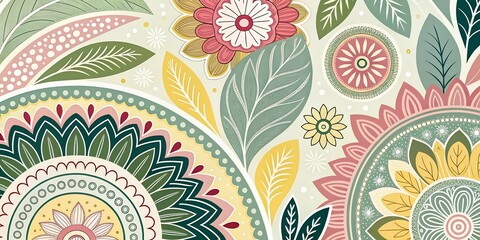 Colorful floral pattern featuring intricate designs and a blend of leaves and flowers in soft pastel shades, perfect for home decor or textile printing