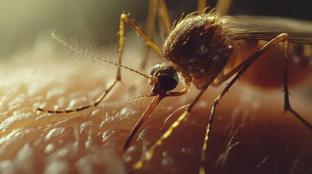 A detailed macro shot of a mosquito feeding on human skin, representing disease transmission and environmental awareness, suitable for educational and scientific use.