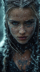 Fierce Viking Warrior Woman with Intricate Face and Body Tattoos in Diverse Natural Settings, from Stormy Seas to Misty Forests, Showcasing Strength, Beauty, and Battle Readiness