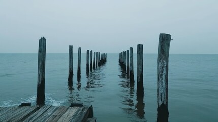 Fototapeta premium Serene Coastal Landscape: Weathered Wooden Piers Extending into Calm Waters