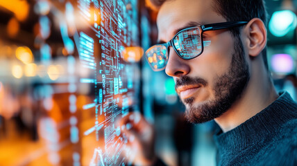 Innovative man analyzing digital data on futuristic screen, showcasing technology and intelligence. His focused expression reflects importance of data in modern life