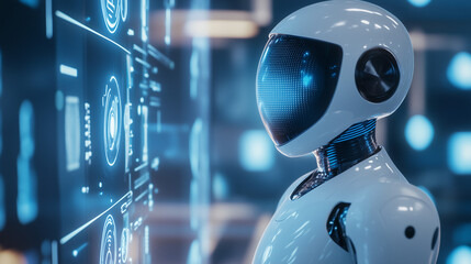 A sleek AI-powered personal assistant interacting with a user through a holographic display and smart tech 