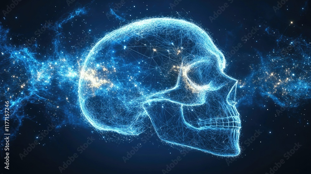 Sticker abstract image of a space skull in the form of a starry sky or space, consisting of points, lines, a