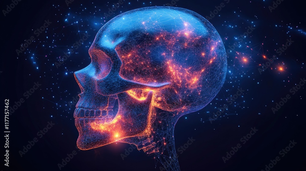 Sticker abstract image of a space skull in the form of a starry sky or space, consisting of points, lines, a