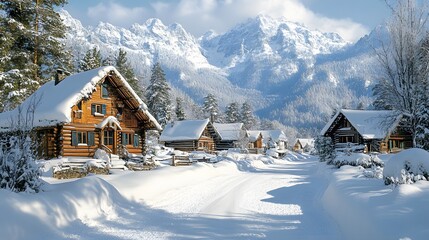 Naklejka premium A peaceful village with cozy houses blanketed in snow, surrounded by tall pine trees and a serene atmosphere
