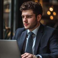 Focused Businessman Working on Laptop in Cafe