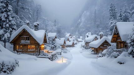 A picturesque snowy village featuring charming homes, white rooftops, and soft snow-covered streets