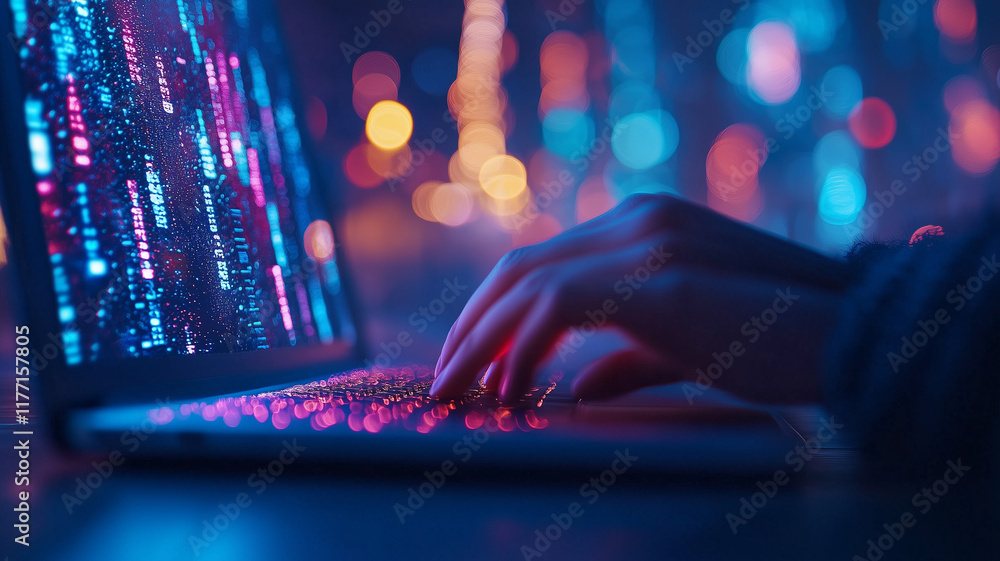 Poster person typing on laptop with colorful digital data on screen, creating vibrant and tech savvy atmosp