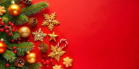 Festive decorations arranged on a vibrant red background for a joyful holiday celebration