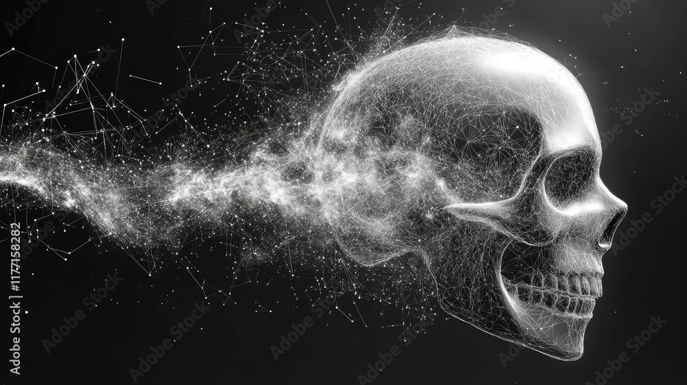 Sticker abstract image of a space skull in the form of a starry sky or space, consisting of points, lines, a