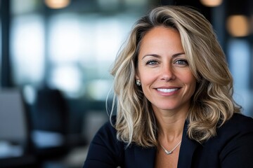 Fototapeta premium A confident businesswoman smiles at the camera in a contemporary office setting, embodying professionalism and success with a touch of warmth and approachability.