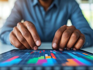 Naklejka premium A financial analyst reviewing economic indicators, using charts to explain the impact of interest rate cuts and inflation.