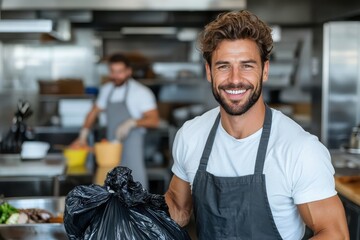 A happy chef holds a trash bag filled with waste in a busy commercial kitchen, emphasizing the importance of cleanliness and organization in food preparation spaces.
